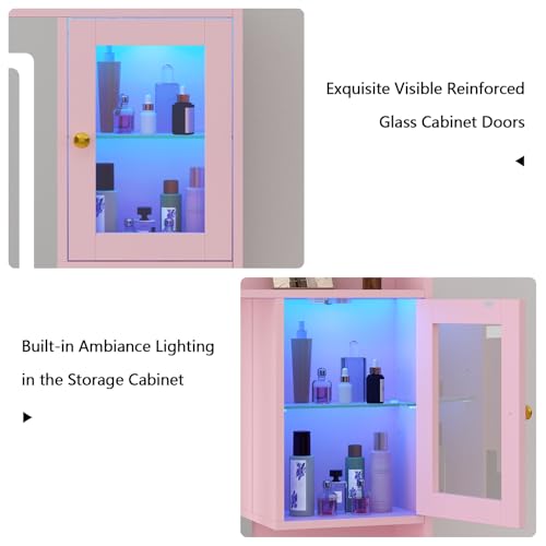 White Makeup Vanity Desk with Mirror and Lights, Large Vanity Table Set with Charging Station, Dressing Table with RGB Cabinets, 3 LED Lights Modes Y6151