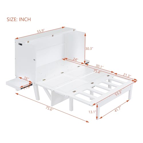 Full Size Murphy Bed with Desk, USB Port, and Shelves, White Wood Frame Z18160