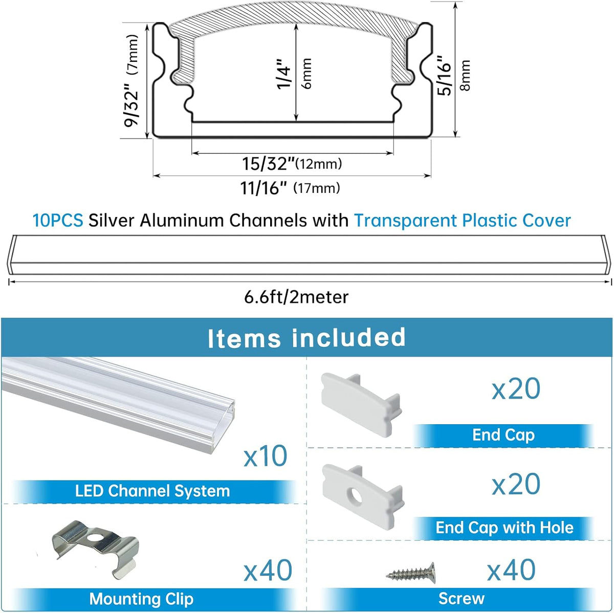 10Pack 6.6FT U Shape LED Aluminum Channel System with Clear Lens Cover I550