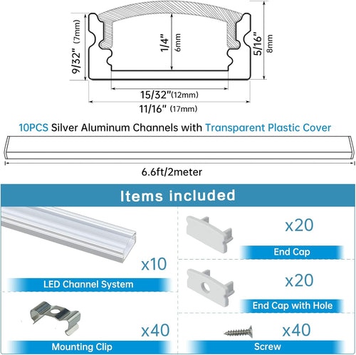 10Pack 6.6FT U Shape LED Aluminum Channel System with Clear Lens Cover I550