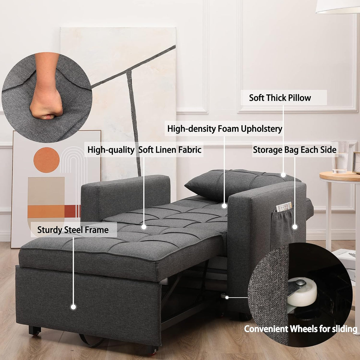 Dark Grey 3-in-1 Folding Sleeper Chair Bed M4200