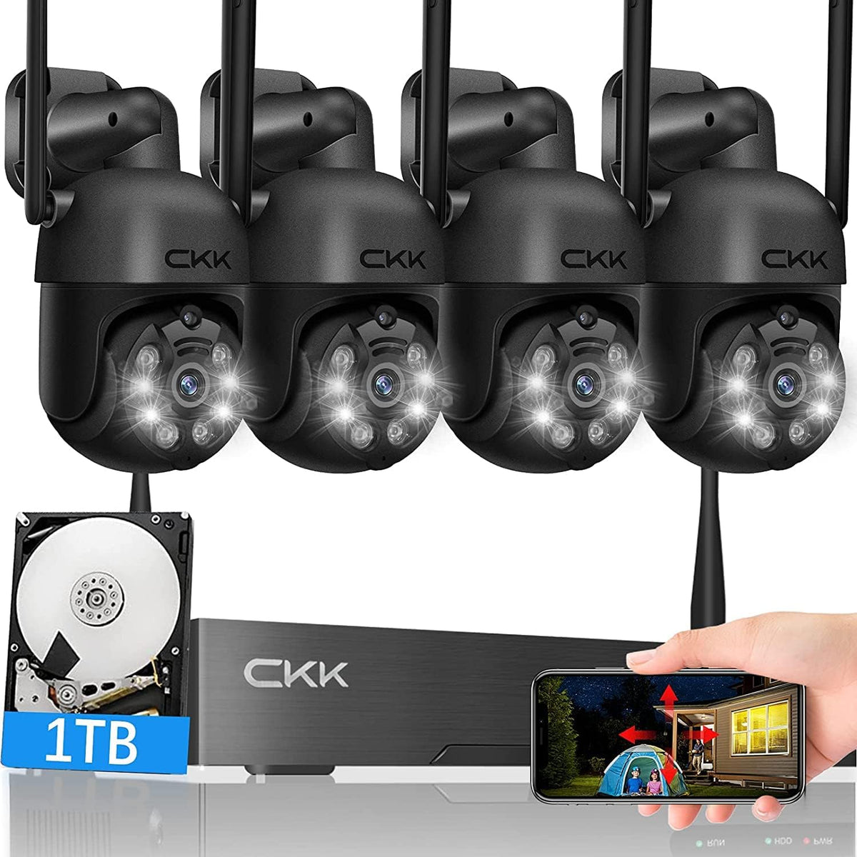 Wireless Security Camera System with 1TB HDD, Dome PTZ Cameras and Bullet Cameras, 8 Channel WiFi Surveillance NVR System with Floodlights & Siren Alarm, 2 Way Audio S523290