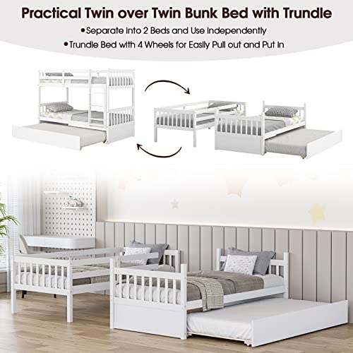 White Twin Over Twin Bunk Bed with Trundle T4839