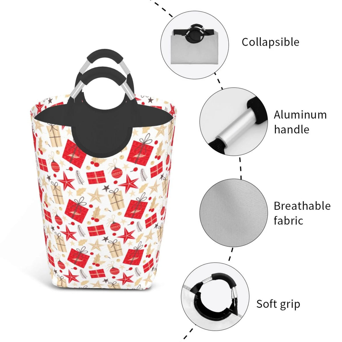 Collapsible Laundry Basket Hamper, Red Christmas Print 50L E17749