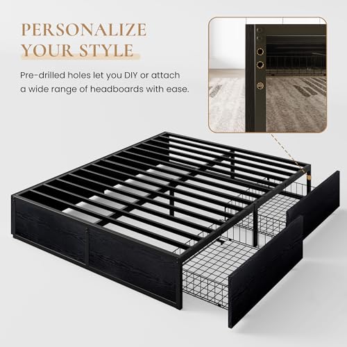 Black Queen Platform Bed Frame with 2 Storage Drawers H69568
