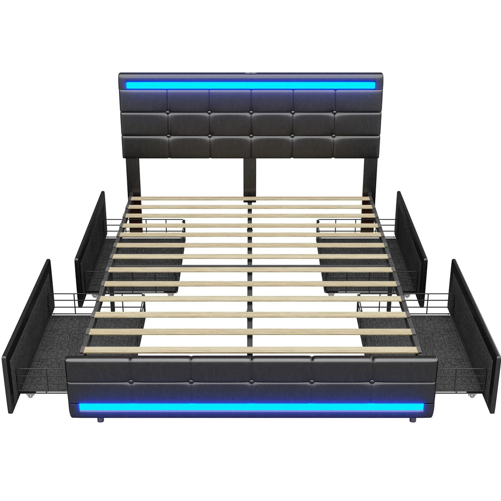 Black Full Leather Platform Bed with Storage Drawers Y61903