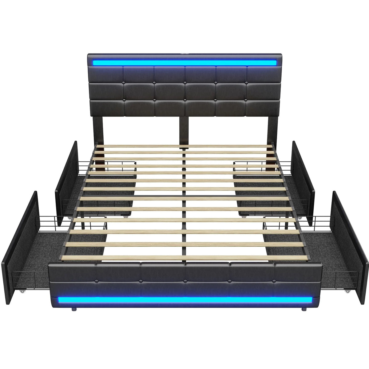 Black Full Leather Platform Bed with Storage Drawers Y61903