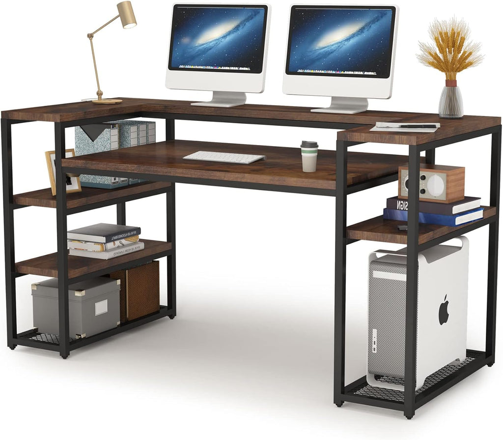 63 inch Computer Desk with Open Storage Shelves, Monitor Shelf & CPU Stand, Rustic Brown Y9491