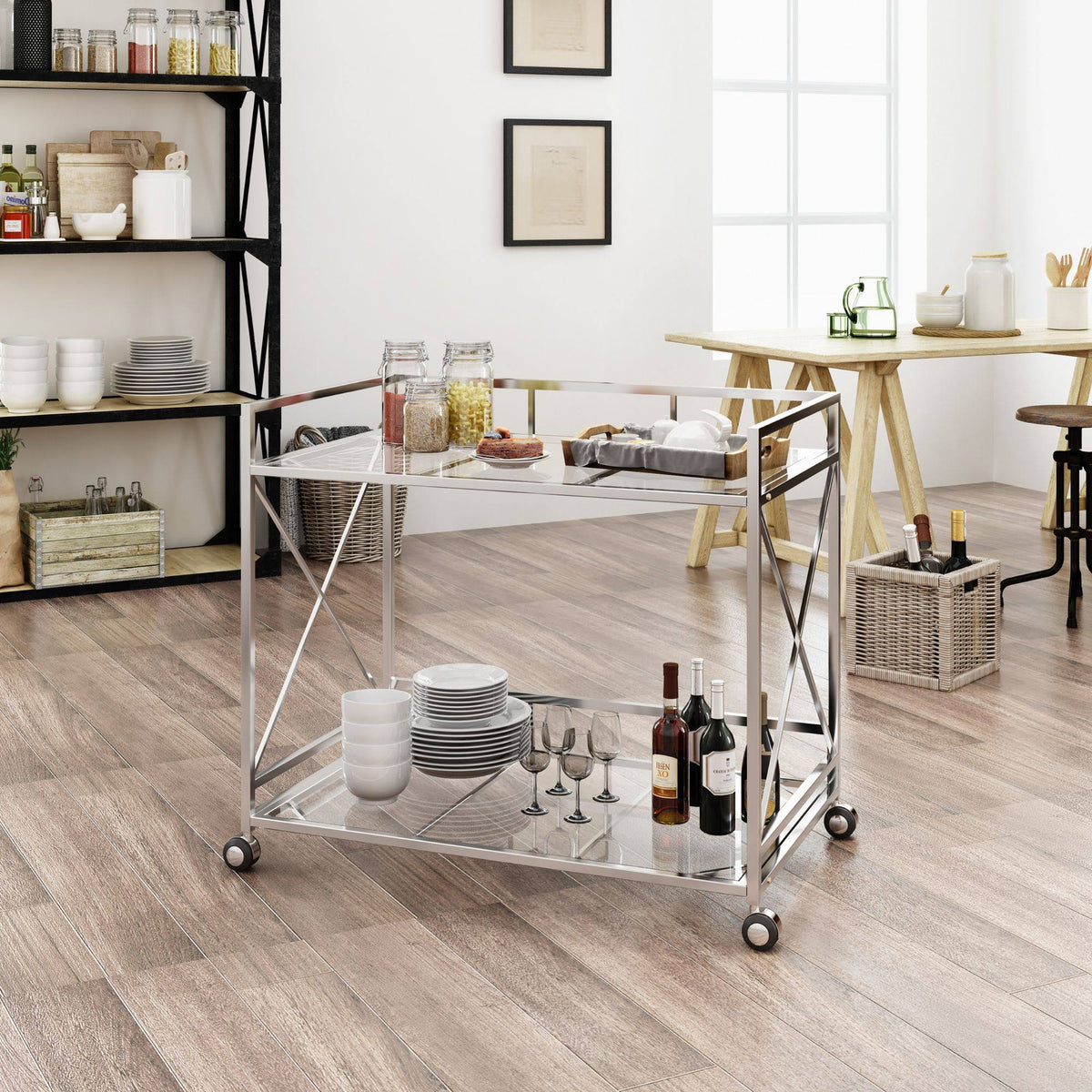 Silver and Clear Contemporary Indoor Bar Cart Q3105
