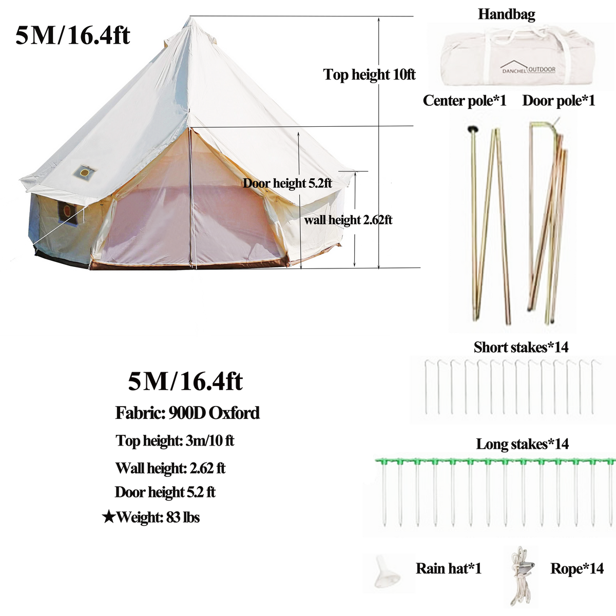 16.4ft Waterproof Oxford Bell Tent with 2 Stove Jacks and Removable Ground Mat M645