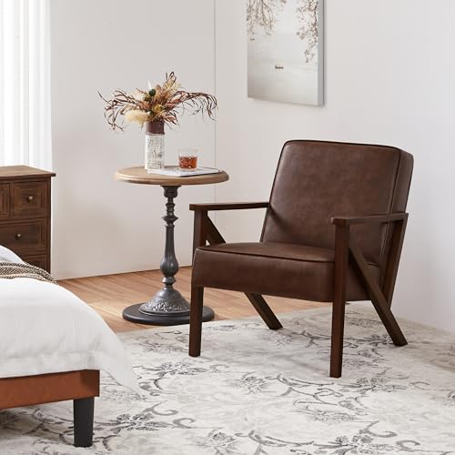 Light Brown Faux Leather Accent Chair with Wood Frame F14053
