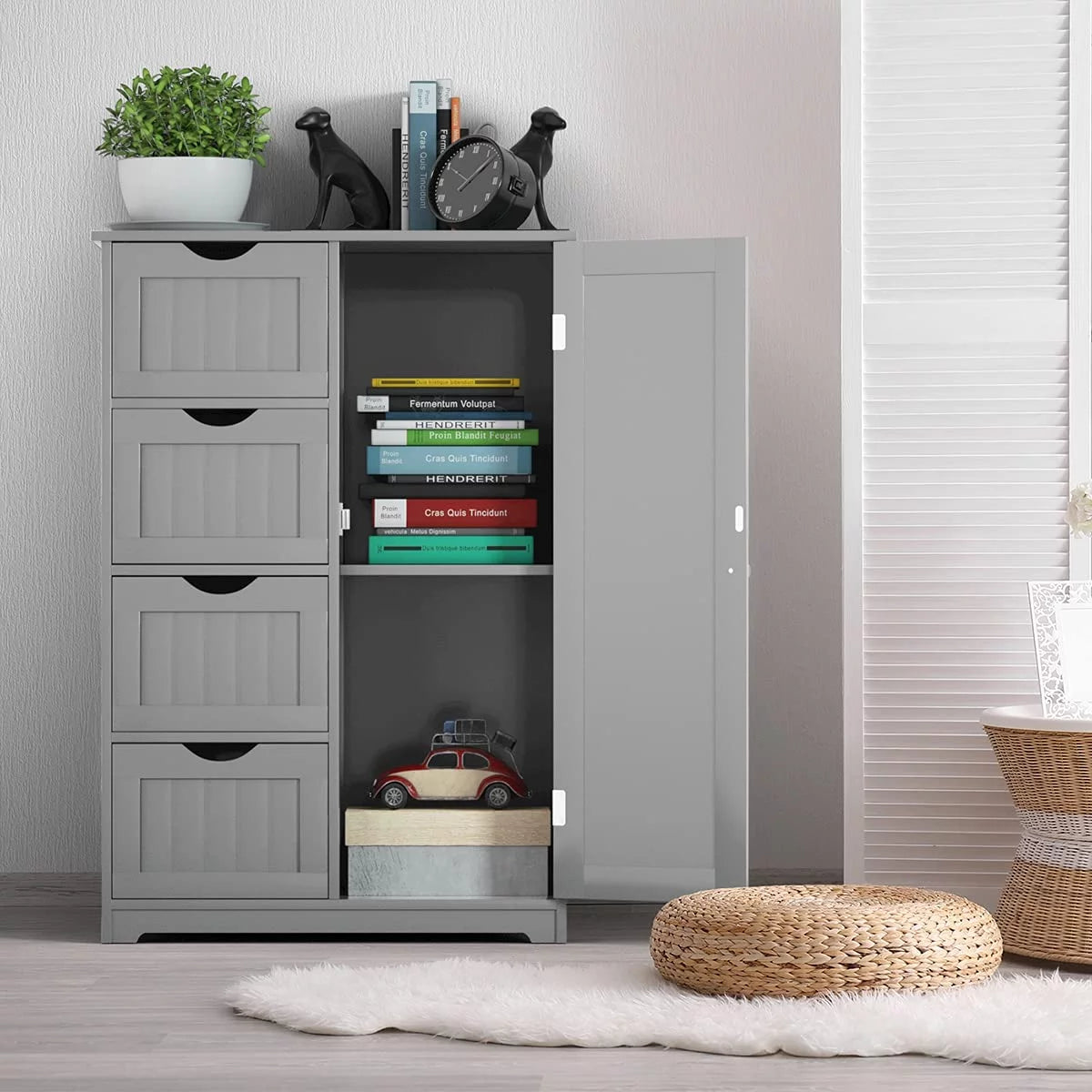 Gray Floor Cabinet with 4 Drawers & 1 Cupboard N41571