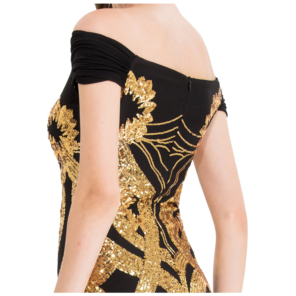 Gold Floral Pattern Sequins Sheath Long Evening Dress C29655