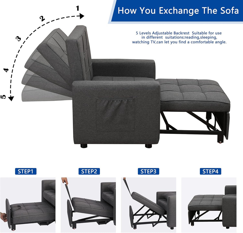 Dark Grey 3-in-1 Folding Sleeper Chair Bed M4200