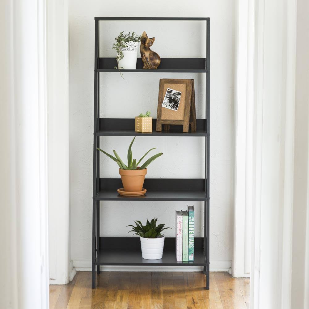 Black Wood 4-Shelf Ladder Bookcase B945582