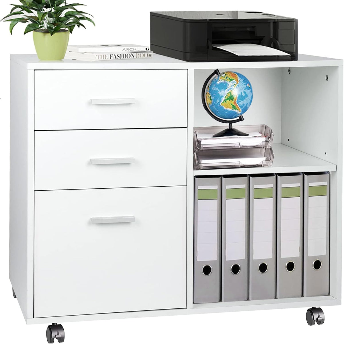 Black 3-Drawer Mobile Wood File Cabinet with Open Storage Shelves D373