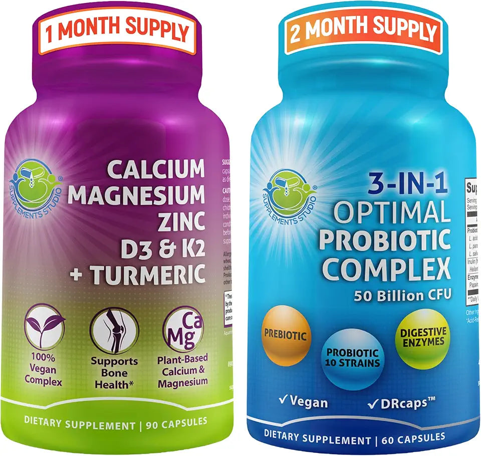 Probiotics with Digestive Enzymes and Prebiotic, 3-in-1 Vegan Multi Enzyme Complex, Plant-Based Calcium 500mg B2873