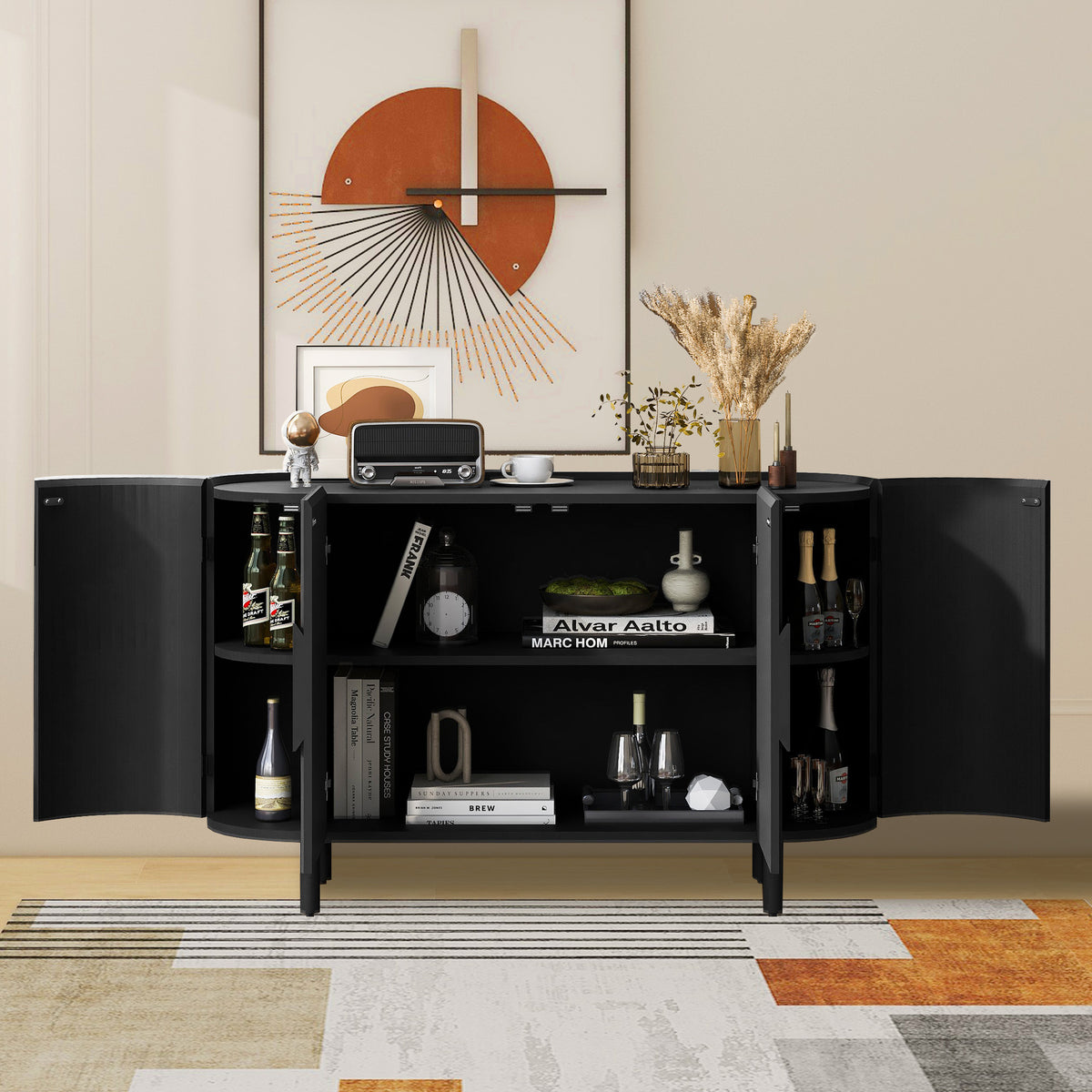 Black Curved Sideboard Cabinet with Adjustable Shelves M16783