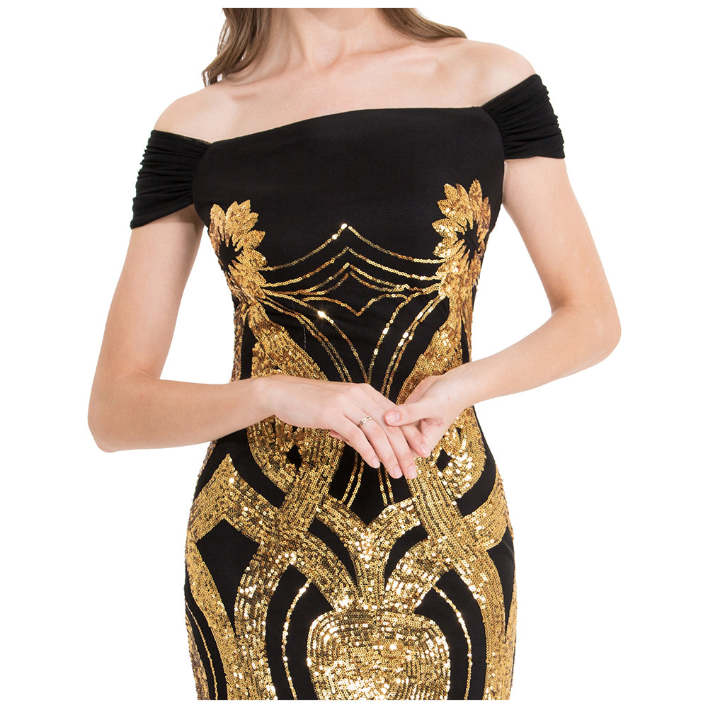 Gold Floral Pattern Sequins Sheath Long Evening Dress C29655