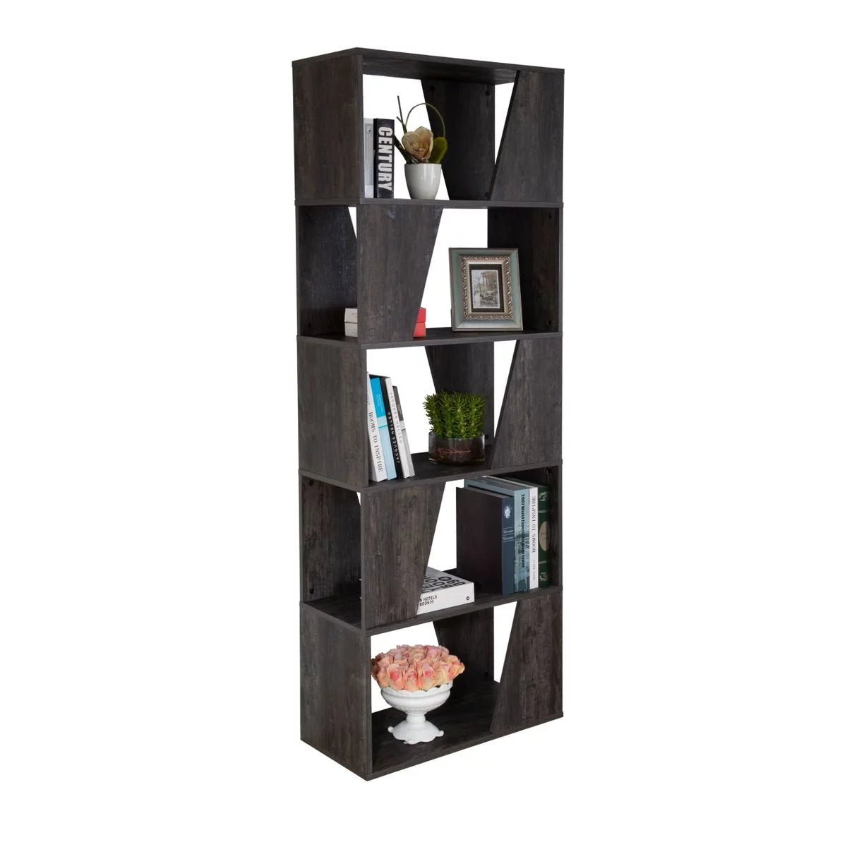 5-tier Wooden Bookcase in Washed Black Finish O174