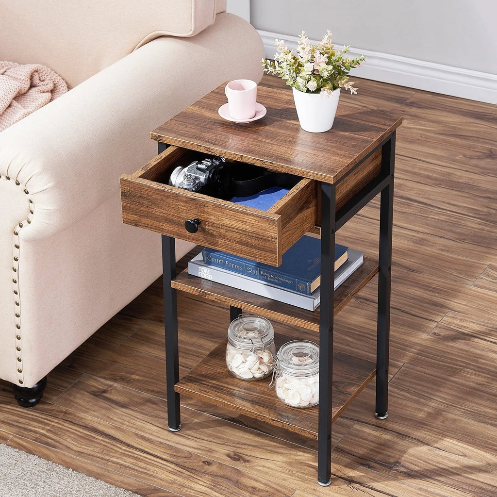 Set of 2 Brown Nightstand with 1-Drawer and Storage Shelf Y1752
