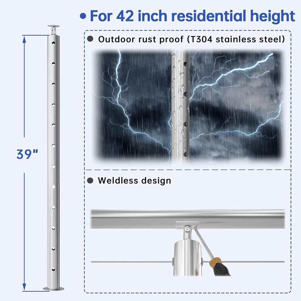 2Pack Stainless Steel Cable Railing Post Round 42x2.36 Pre-drilled Surface Mount G35080