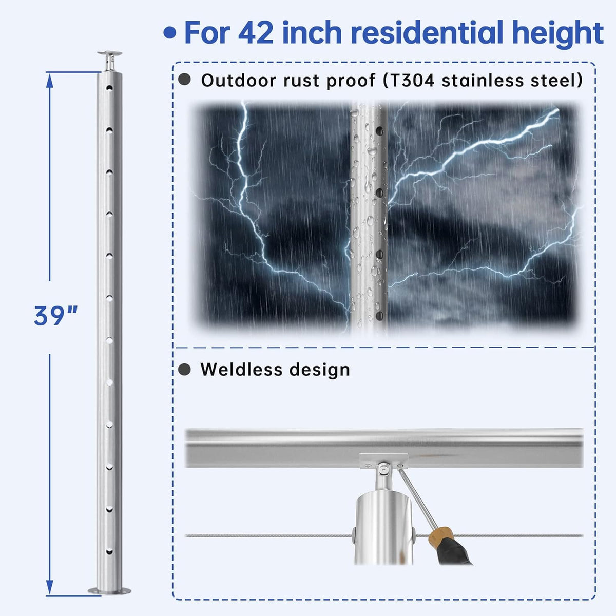 2Pack Stainless Steel Cable Railing Post Round 42x2.36 Pre-drilled Surface Mount G35080