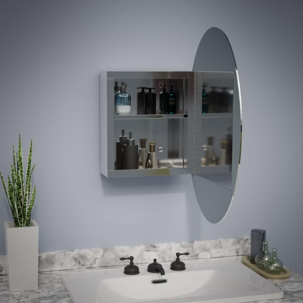 Oval Wall Mounted Medicine Cabinet Brushed Stainless Steel with Mirror 26" x 18" B991