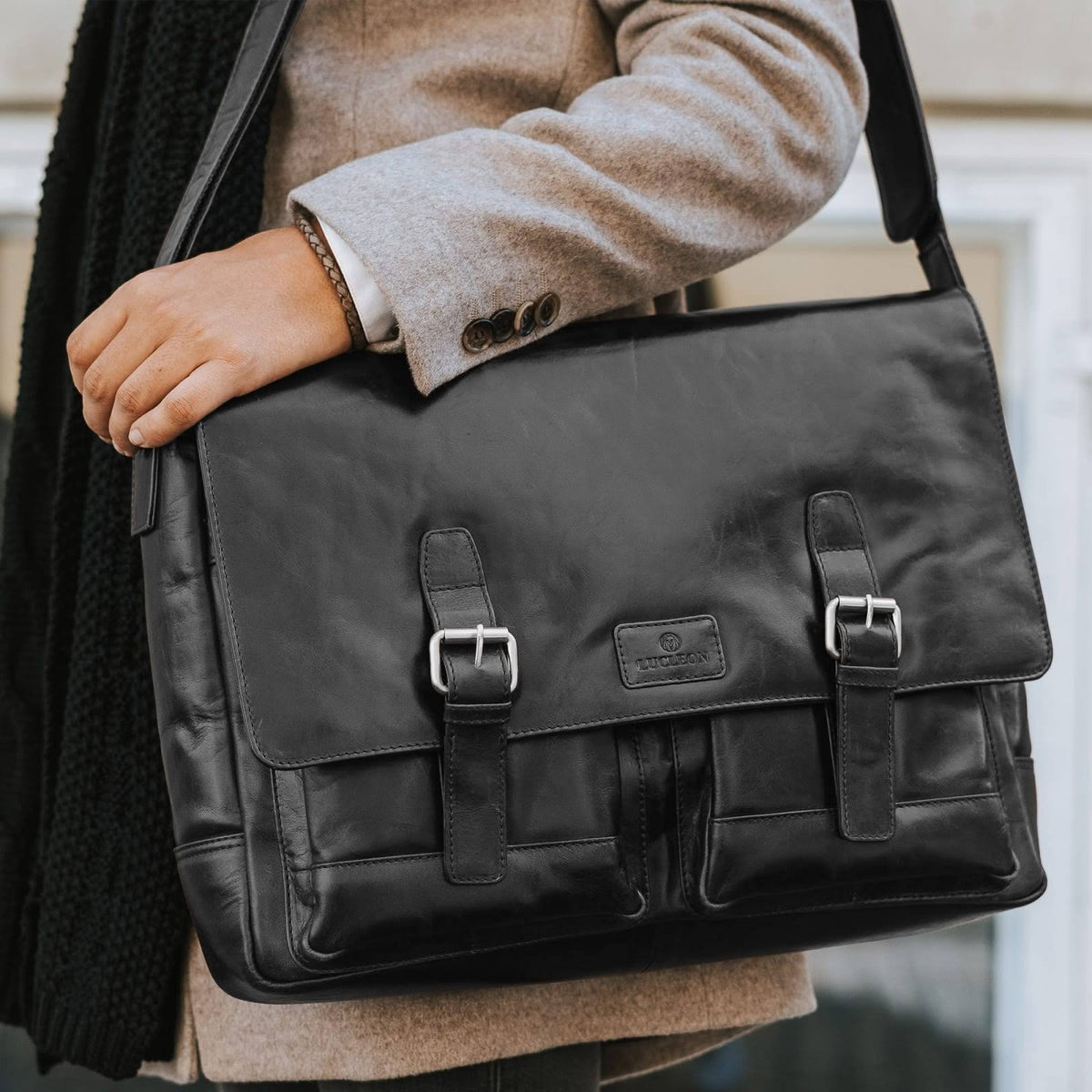 Black Leather Messenger Bag W103