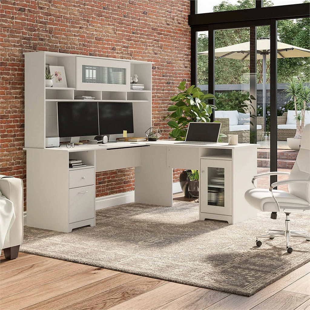 White L Shaped Computer Desk with Hutch W232