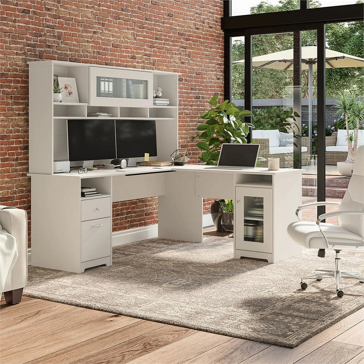 White L Shaped Computer Desk with Hutch W232