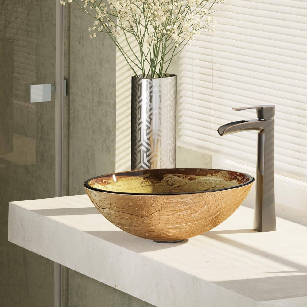 Glass Vessel Sink with Faucet, Sink Ring, and Pop-Up Drain L8464