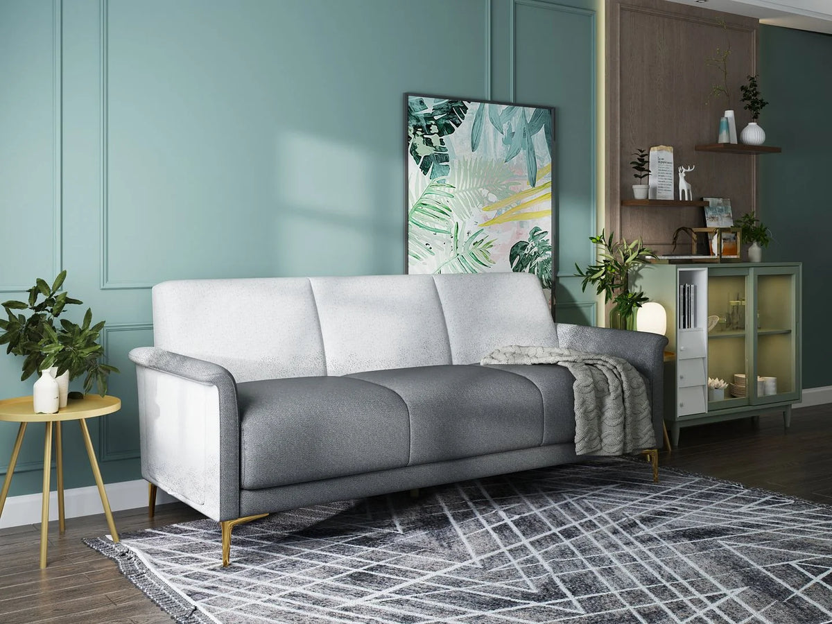 Transitional Futon Sofa with Foldable Tables, Upholstered in Linen with Flared Arms, Golden Metal Legs T170824