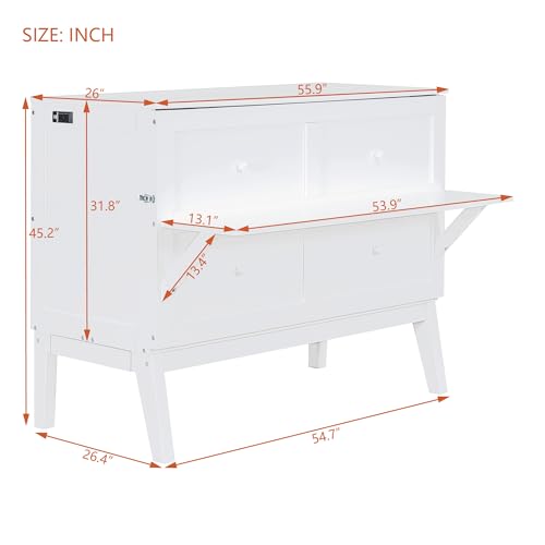 Full Size Murphy Bed with Desk, USB Port, and Shelves, White Wood Frame Z18160