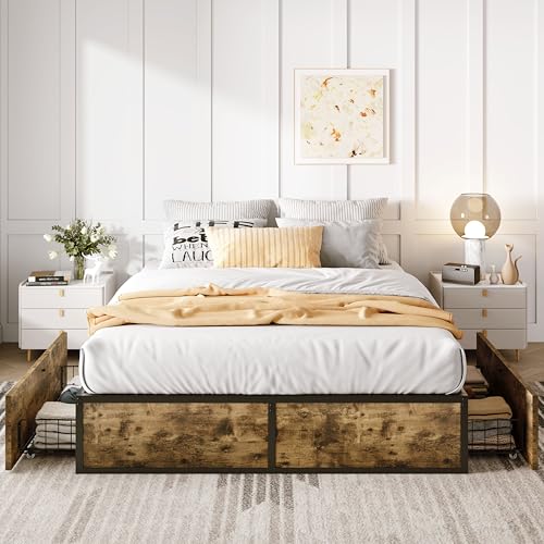 Black Queen Platform Bed Frame with 2 Storage Drawers H69568