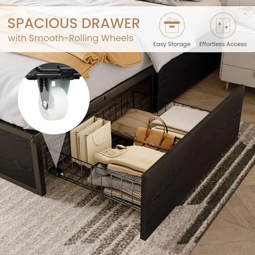 Black Queen Platform Bed Frame with 2 Storage Drawers H69568