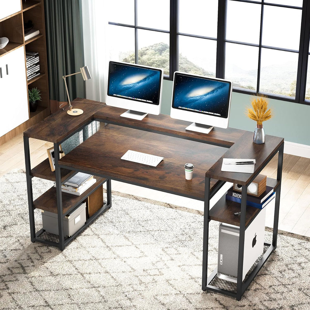 63 inch Computer Desk with Open Storage Shelves, Monitor Shelf & CPU Stand, Rustic Brown Y9491