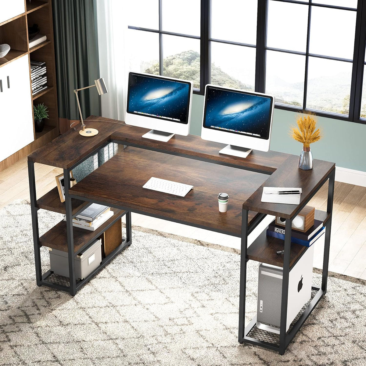 63 inch Computer Desk with Open Storage Shelves, Monitor Shelf & CPU Stand, Rustic Brown Y9491