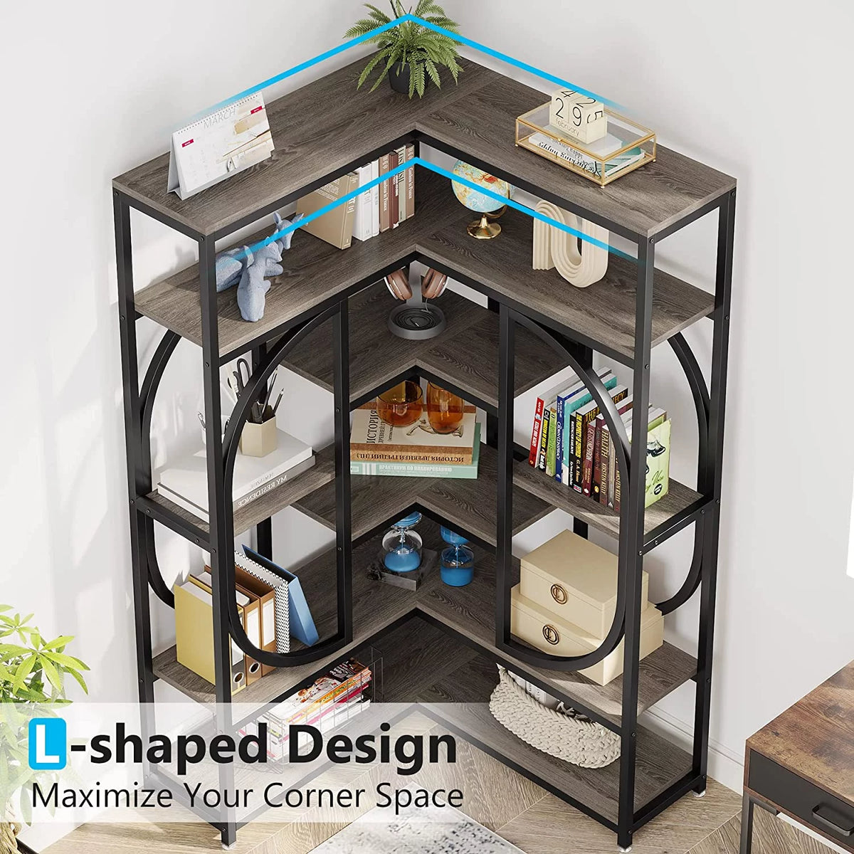 7-Shelf Corner Bookshelf with Metal Frame N299
