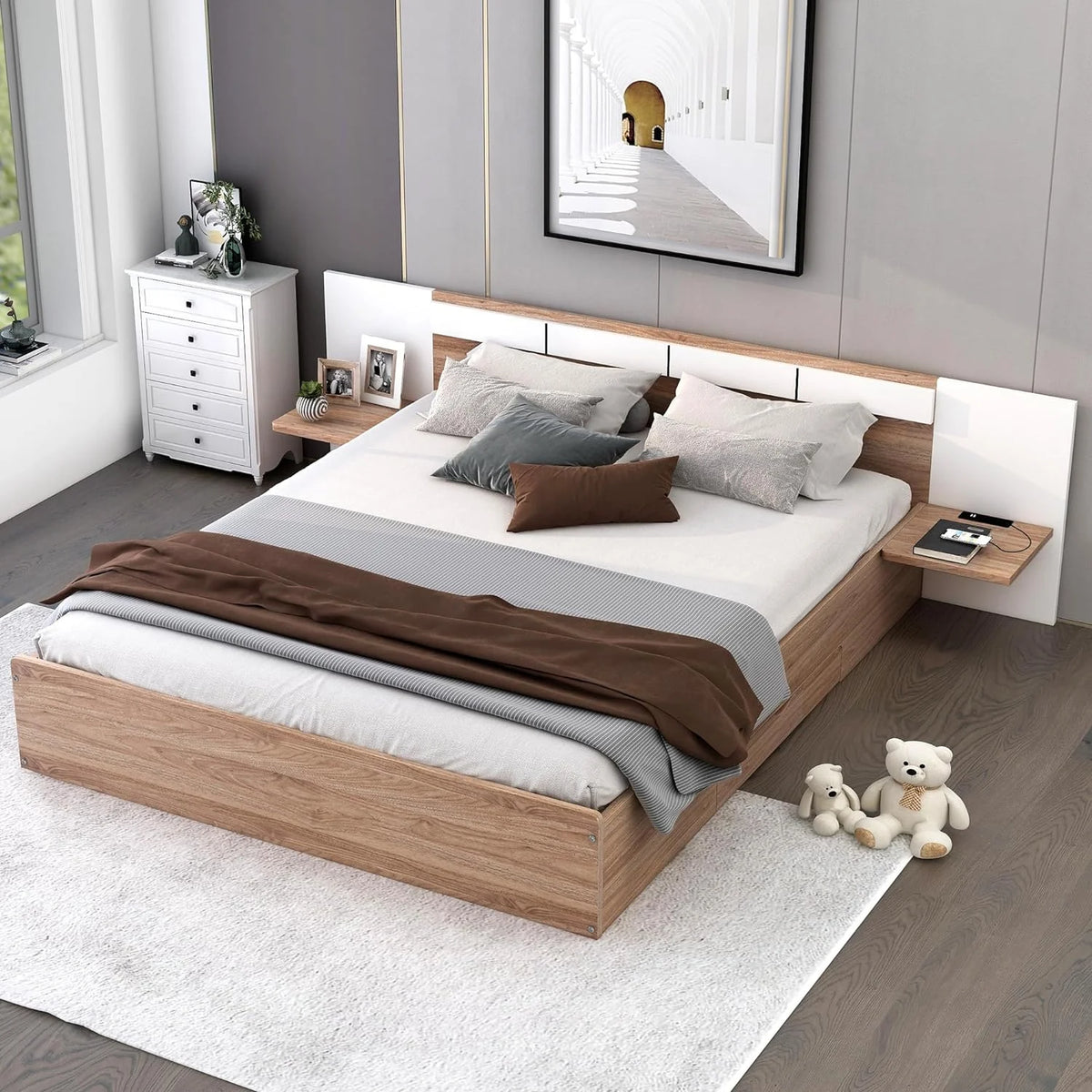 Queen Size Wood Platform Bed with Headboard and Storage A853890