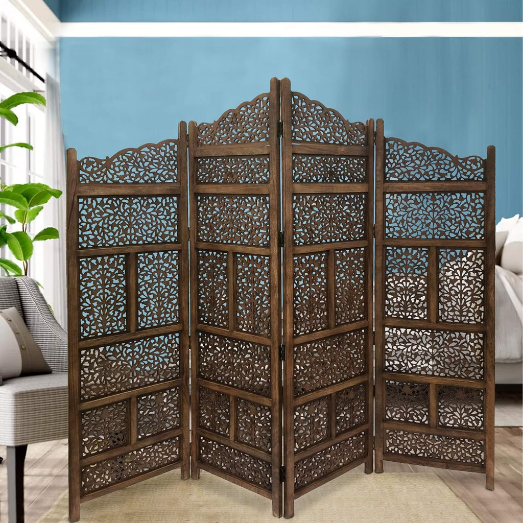 Hand Carved Foldable 4-Panel Wooden Room Divider H902