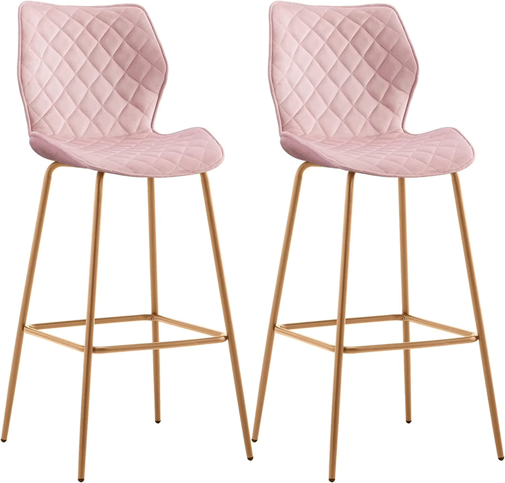 Velvet Bar Stool with Back Set of 2, Gold Metal Legs, Salmon Pink C415