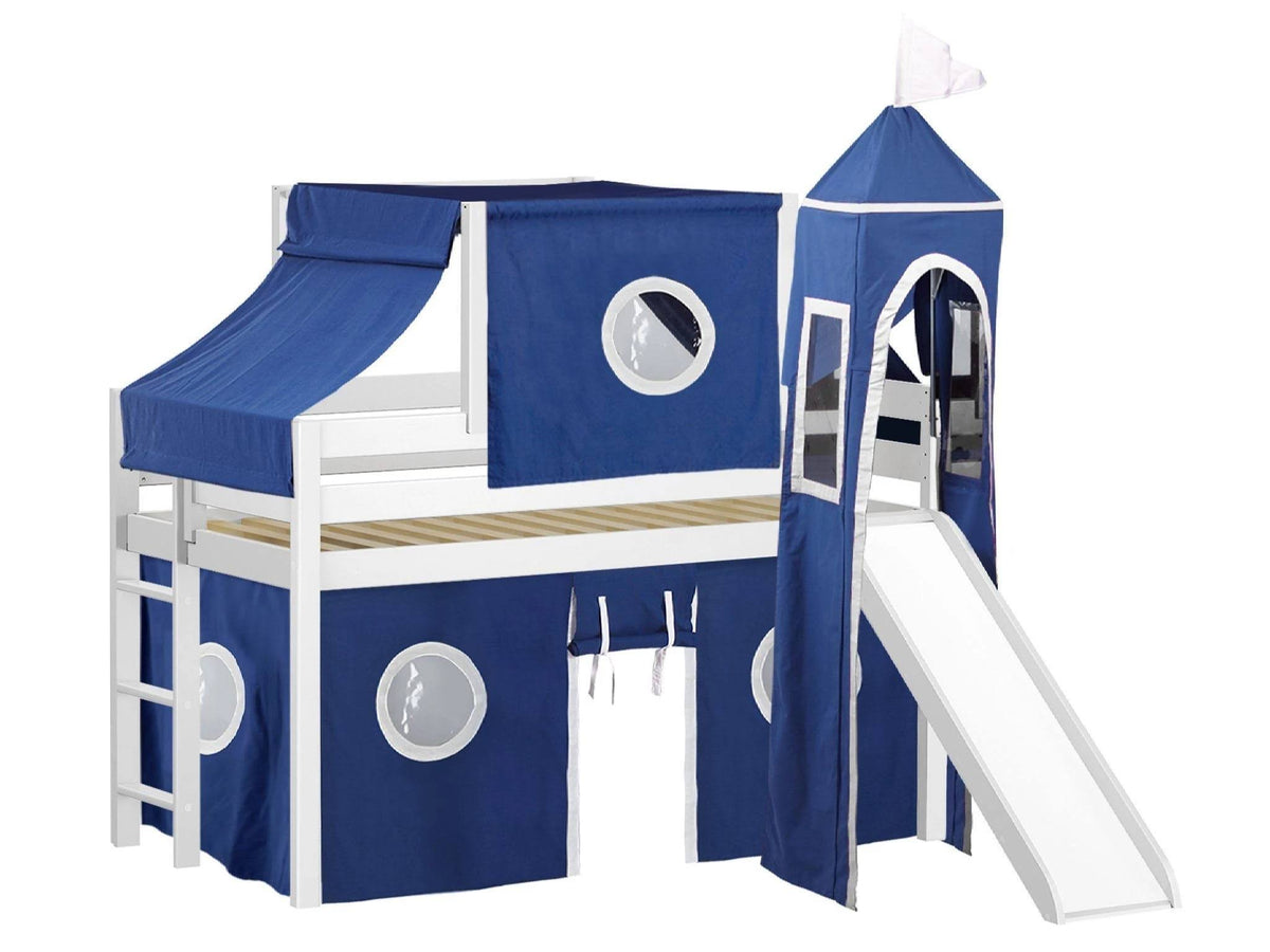 White Low Loft Twin Bed with Slide and Tent A5532