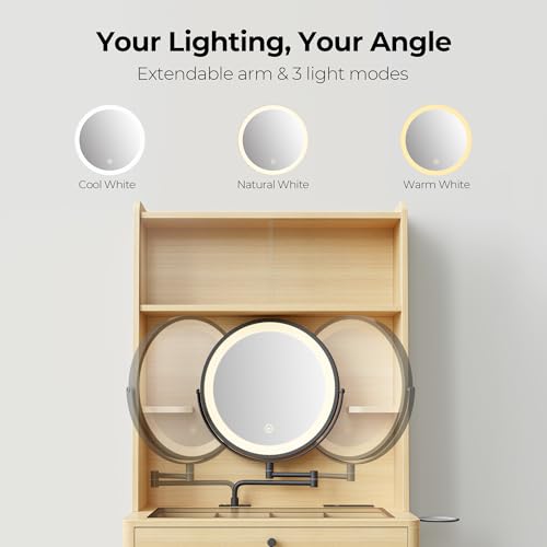 Oak Vanity Desk with Adjustable Mirror and LED Lights E7176