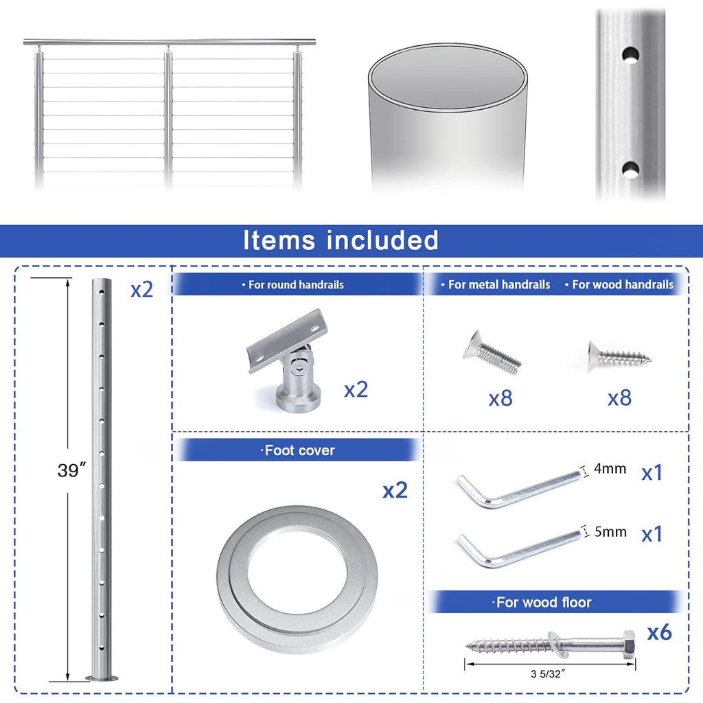 2Pack Stainless Steel Cable Railing Post Round 42x2.36 Pre-drilled Surface Mount G35080