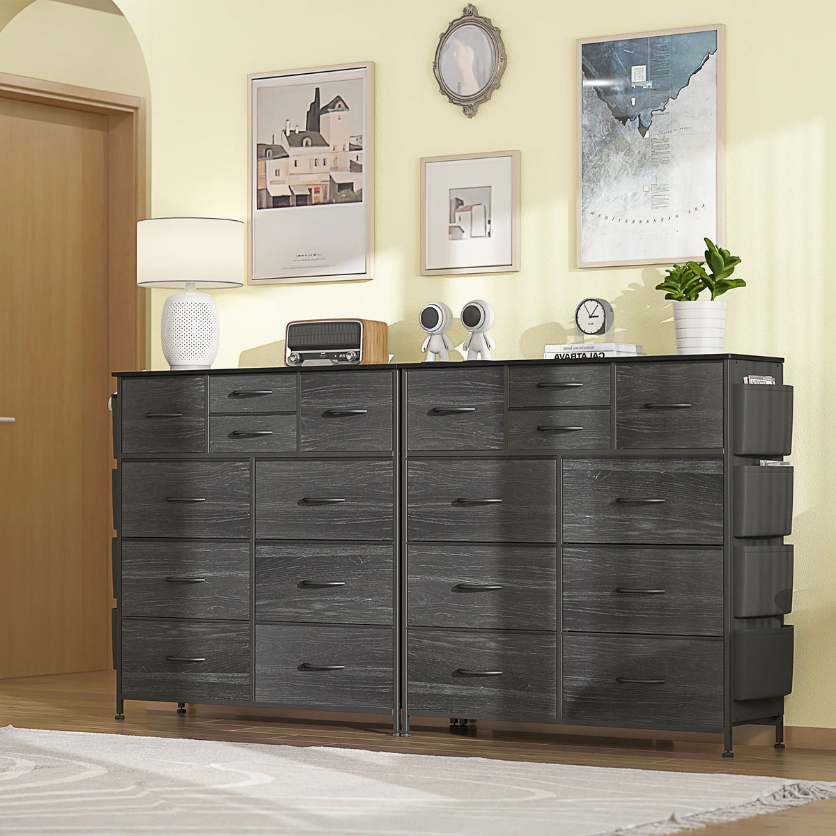 Black 10 Drawer Fabric Dresser with Wood Top I8955