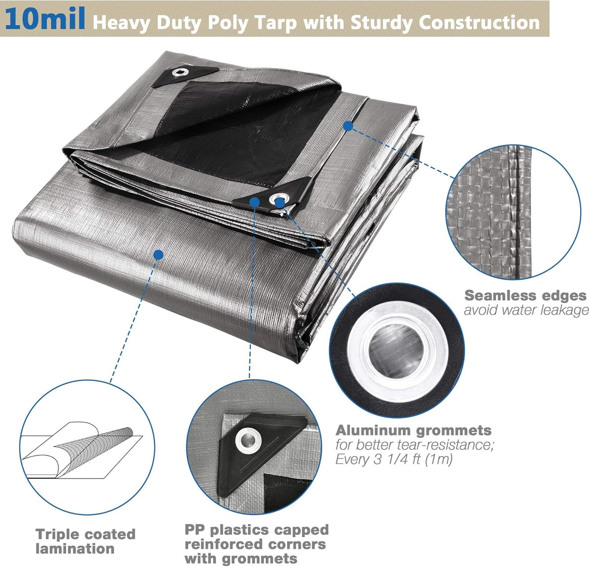 10x15ft Heavy Duty Reinforced Poly Tarp Waterproof Tarpaulin 10-mil Ground Sheet Camping Tent Cover with Eyelets Pack of 2 C614