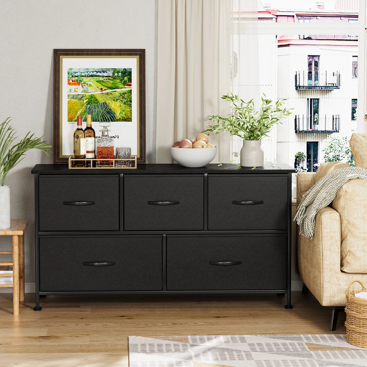 Black 5 Drawer Fabric Dresser B41251