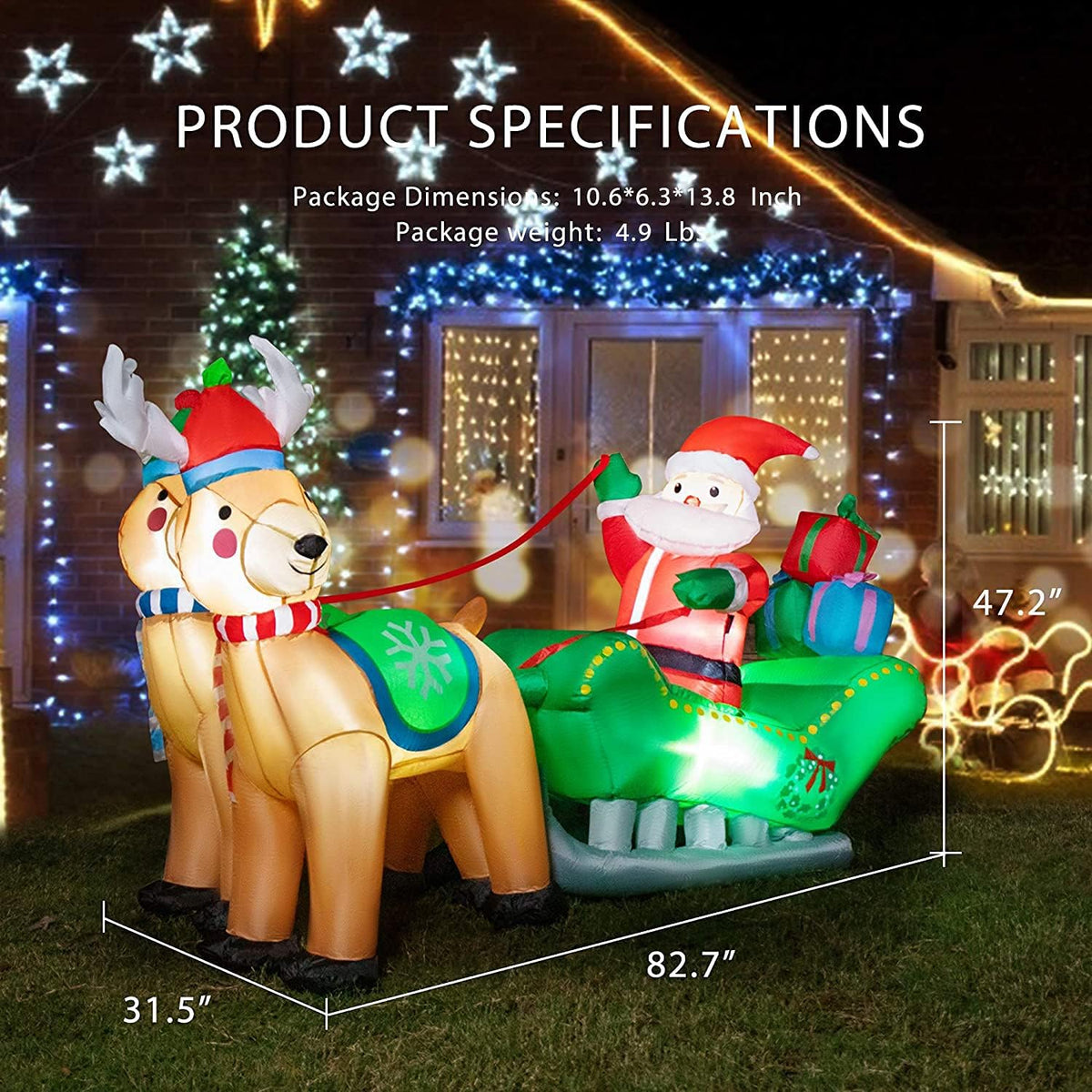 6.9ft Long Christmas Inflatable LED Lighted Santa on Green Sleigh with Reindeers and Gift Boxes Blow up Outdoor Yard Decoration B8555