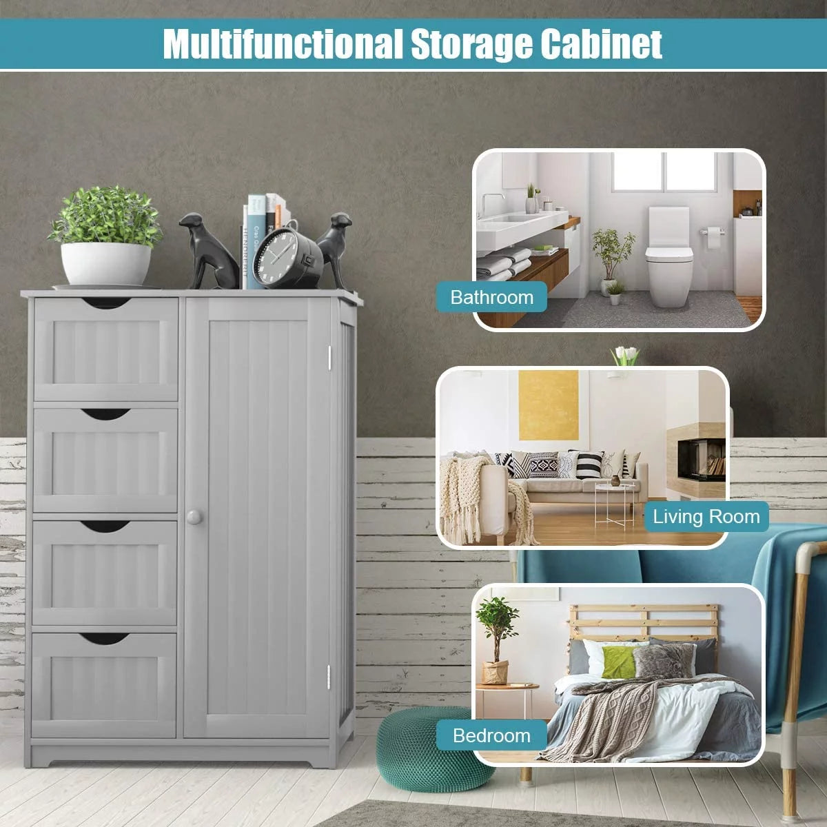 Gray Floor Cabinet with 4 Drawers & 1 Cupboard N41571